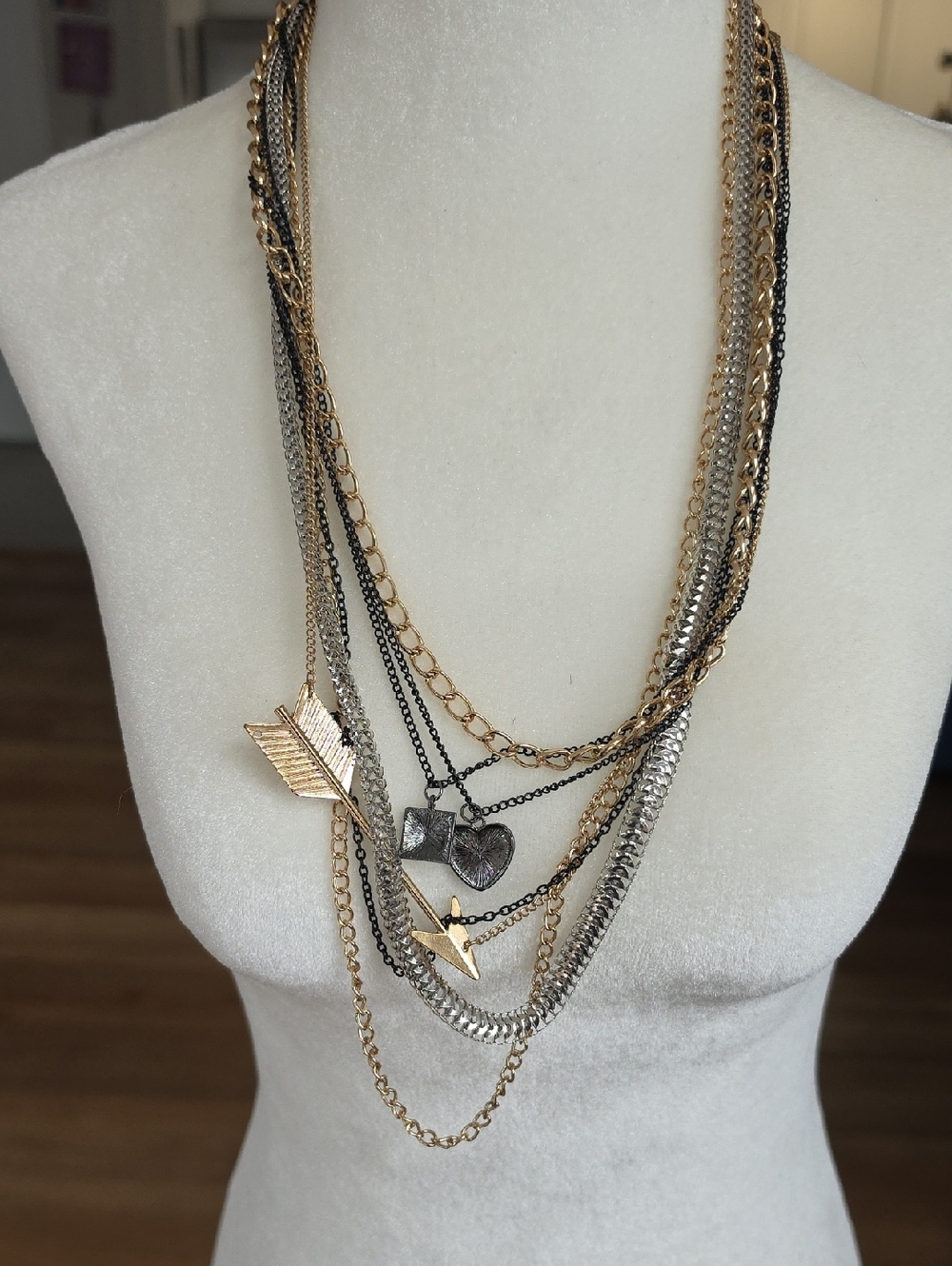 Multi-Chain Gold and Silver Arrow & Heart Pendant Necklace - Women Jewelry
